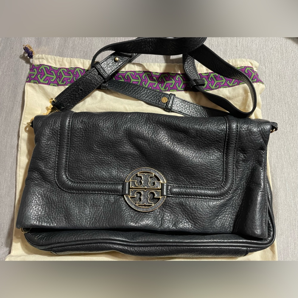 Used Tory Burch Leather Foldover Crossbody Handbag Black